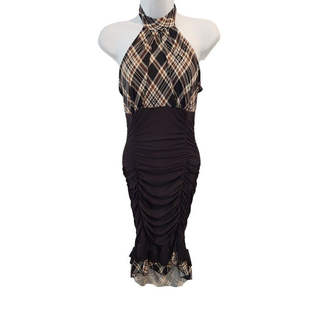 Vintage Y2K Misope Black Brown Plaid Cinch Sleeveless Dress S Stretch Halter